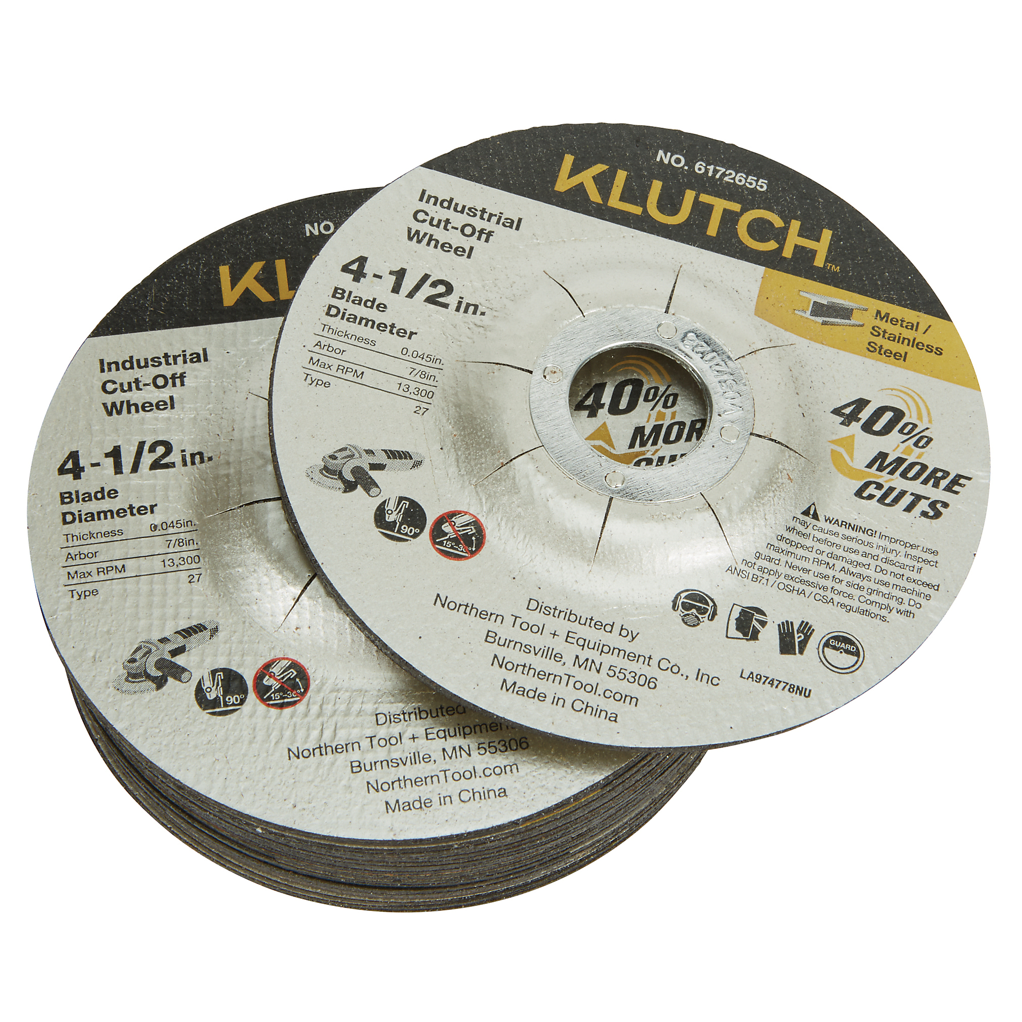 Klutch Industrial Metal Cutoff Wheels, 4-1/2in. x 0.045in. x 7/8in., Type 27, 25-Pk.
